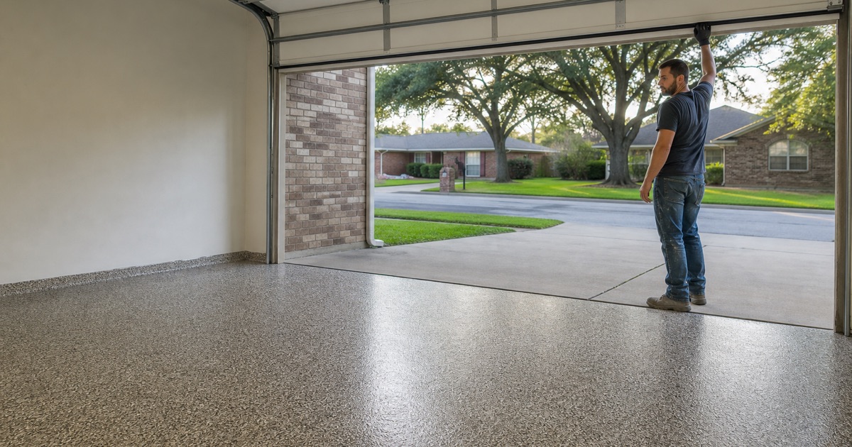 A completed flake garage floor in Pflugerville at the end of the day, the installer drawing the roll-up door down behind him.