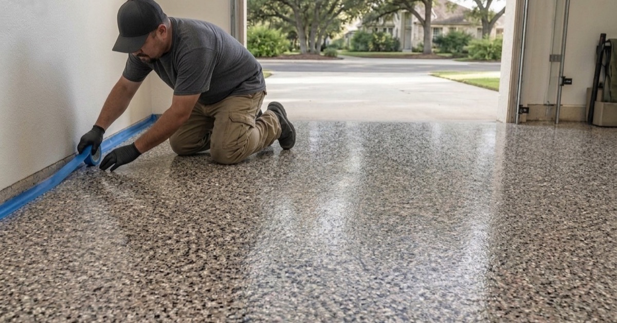 A finished flake epoxy floor in Pflugerville in a gray, tan and black blend, with the masking line just pulled at the wall base.