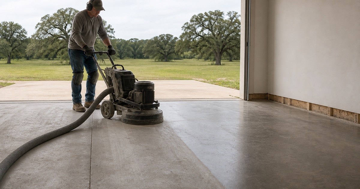 A walk-behind grinder opening the profile on a Pflugerville garage slab, half the floor ground and half still sealed.