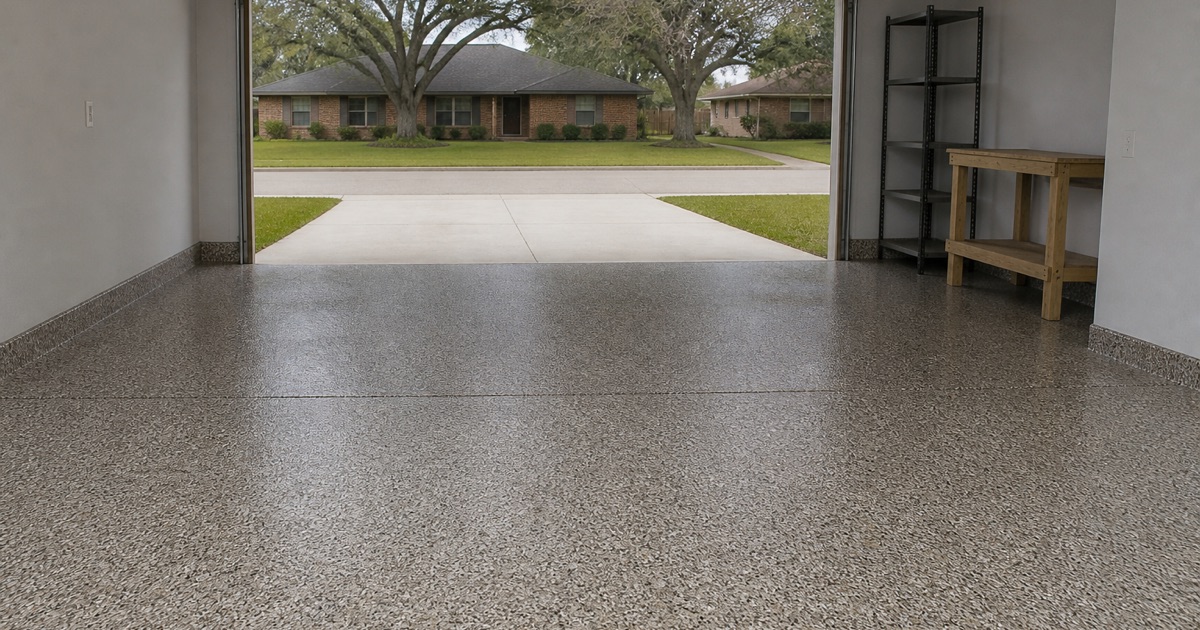 An empty finished flake epoxy garage floor in Pflugerville, handed back with the roll-up door open.