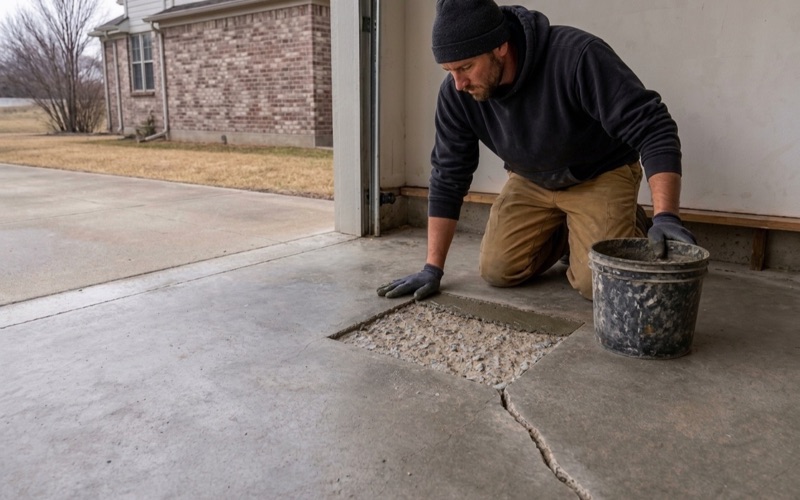 A saw-cut and chipped-out spall on a Pflugerville garage slab with repair mortar struck flush at one end of the patch.
