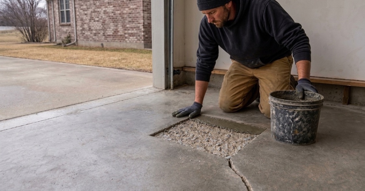 A saw-cut and chipped-out spall on a Pflugerville garage slab with repair mortar struck flush at one end of the patch.