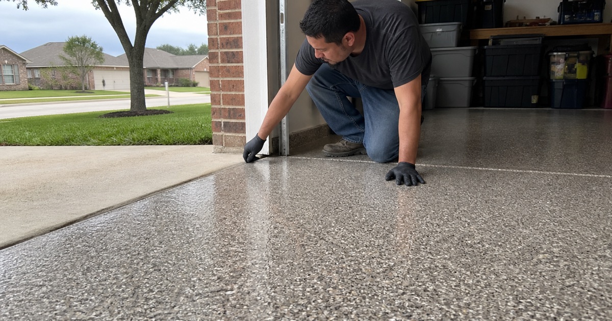 A finished gray and tan flake epoxy garage floor in Pflugerville with the roll-up door open, a worker kneeling at the threshold.