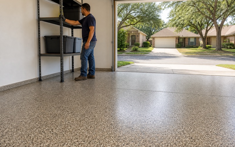 A finished gray and tan flake garage floor in Pflugerville seen from inside, a worker sliding a storage rack back against the wall.