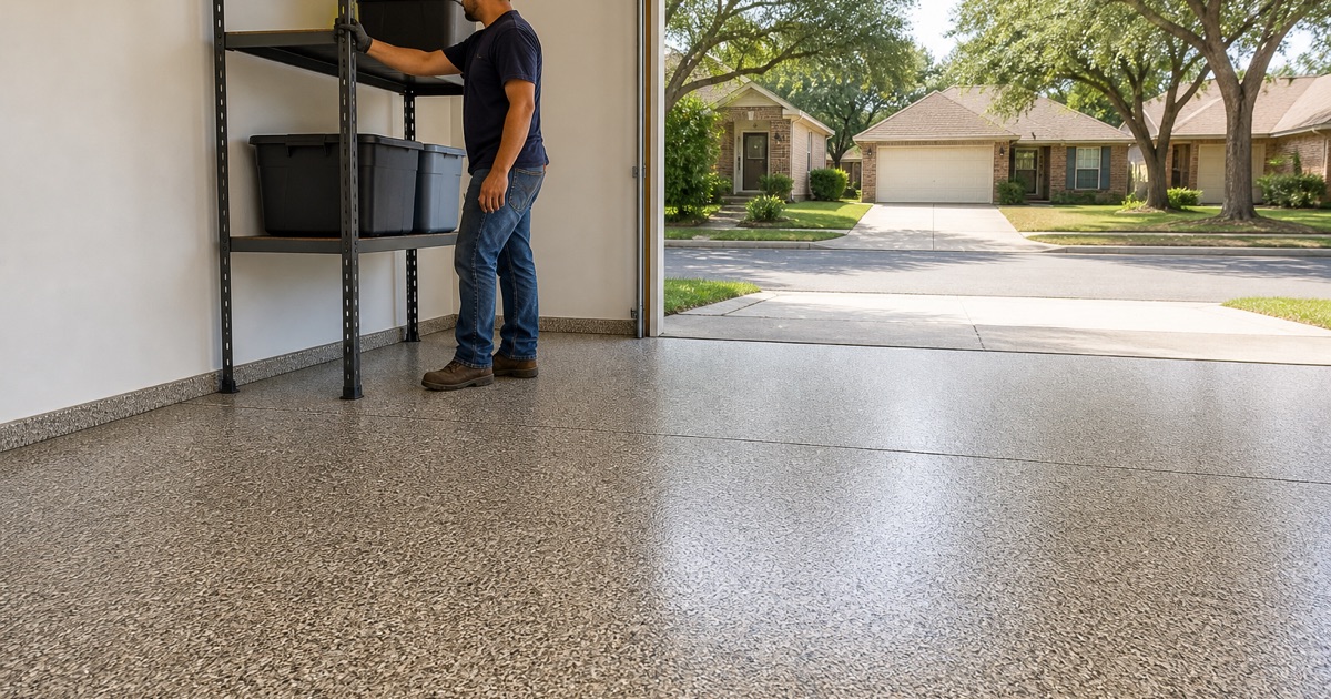 A finished gray and tan flake garage floor in Pflugerville seen from inside, a worker sliding a storage rack back against the wall.
