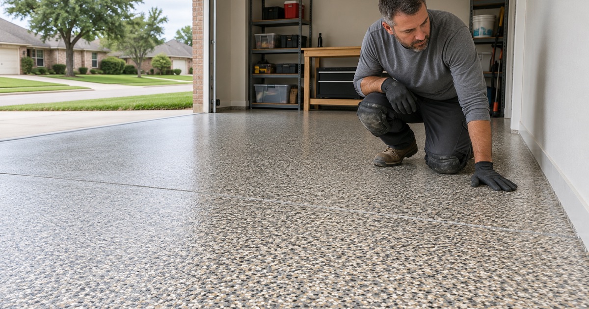 Flake broadcast in progress on a Pflugerville garage floor, an arc of gray, tan and black chip in the air above the wet base coat.