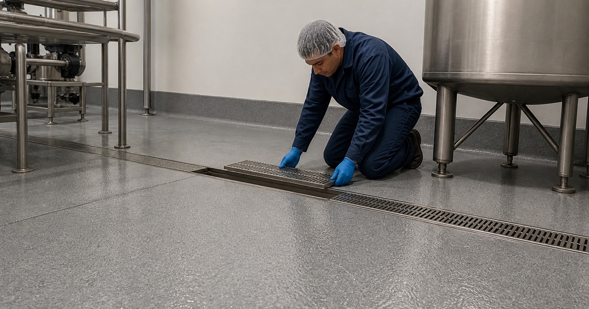 A urethane cement plant floor in Pflugerville falling to a stainless trench drain, with a worker setting a lifted grate back into the channel.