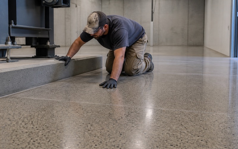 A polished concrete floor in Pflugerville with filled saw-cut joints running up to a raised equipment pad.