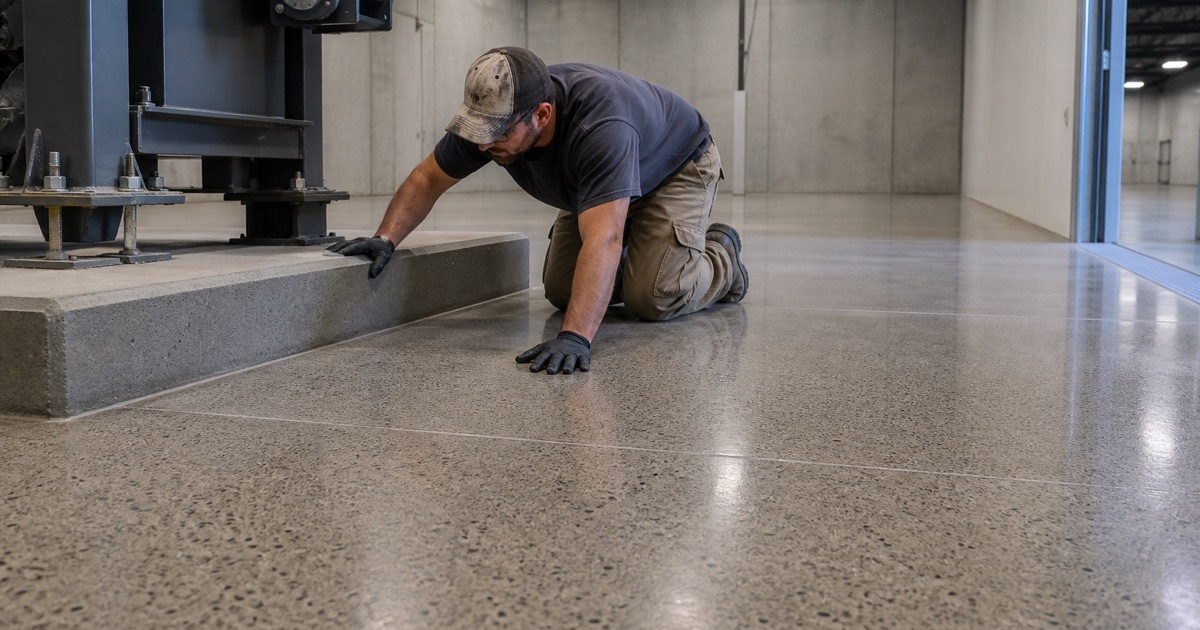 A polished concrete floor in Pflugerville with filled saw-cut joints running up to a raised equipment pad.