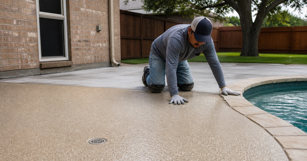 A Pflugerville pool deck half resurfaced in a textured sand-tone coating, stopping cleanly at the coping stone.