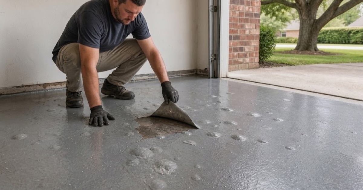 A blistered epoxy garage floor in Pflugerville with one blister cut open, showing damp bare concrete beneath the failed coating.