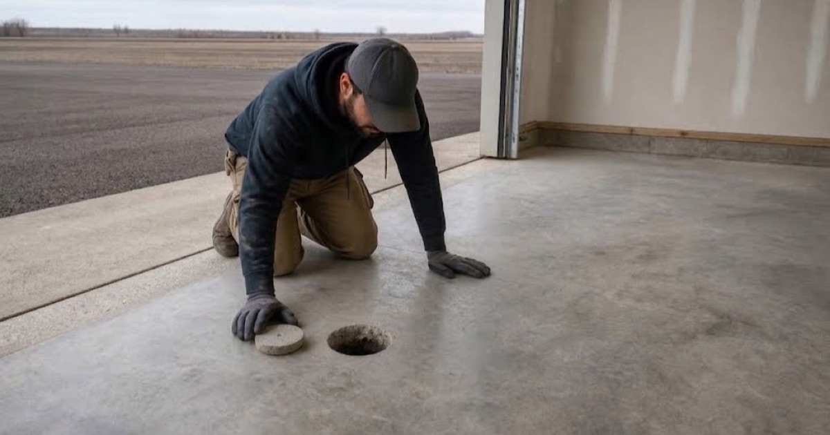 A cored hole through a Pflugerville garage slab showing dark Blackland clay beneath, with a moisture probe sleeve set further across the bay.